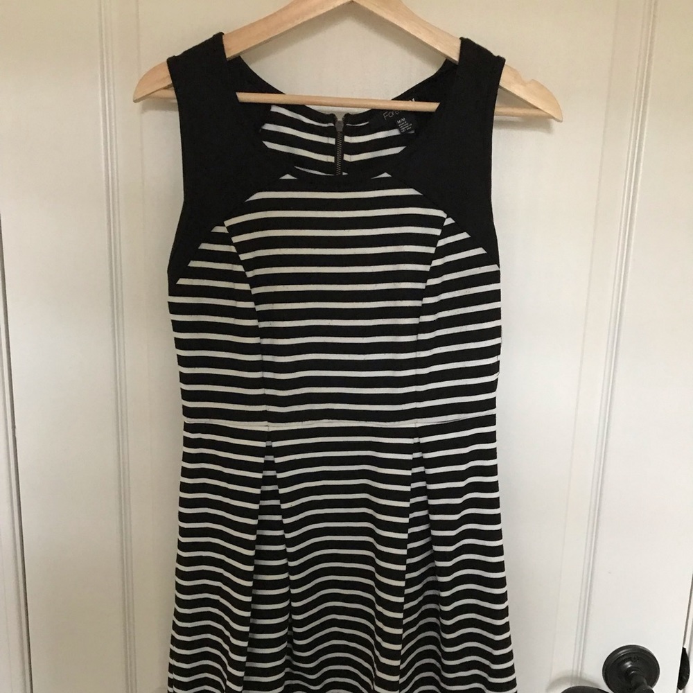 Black and white striped fit and flare dress